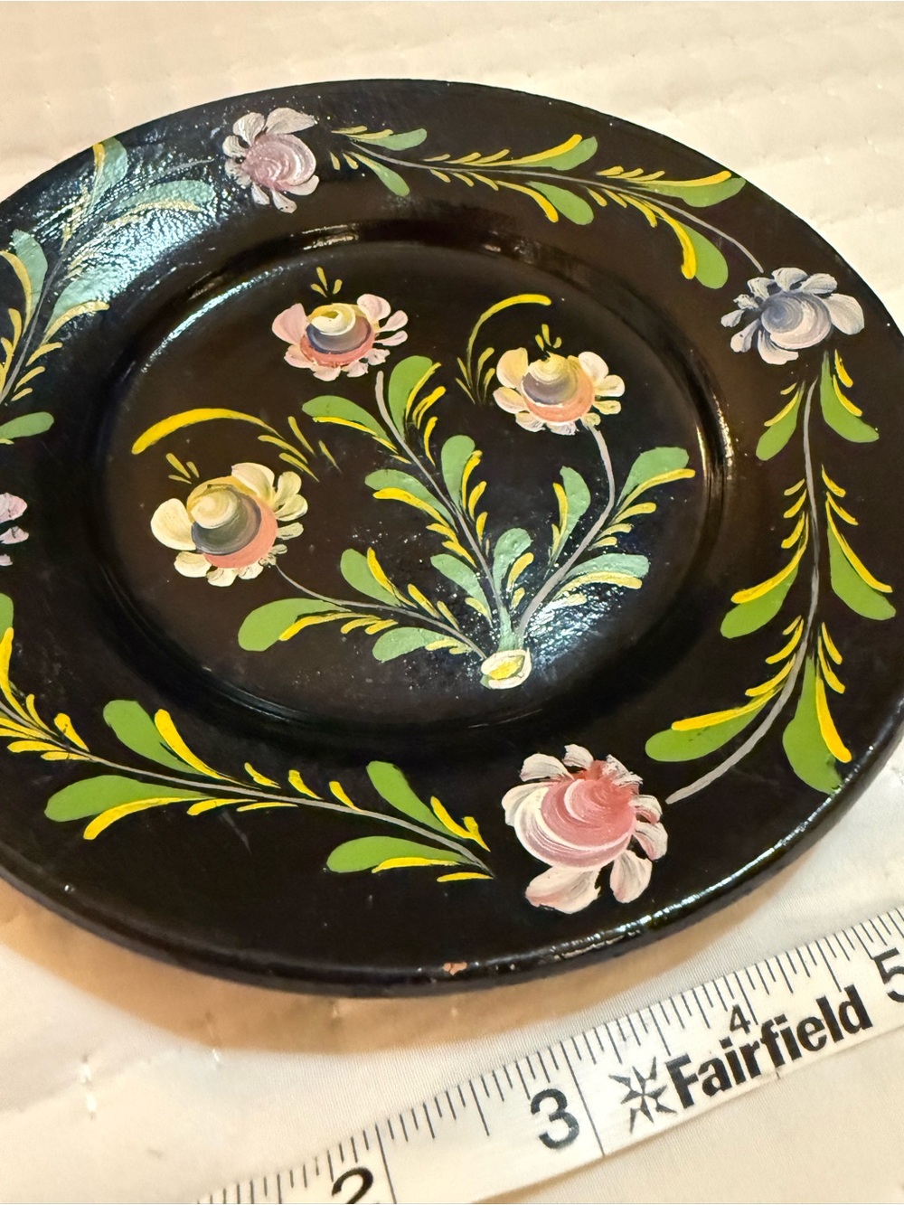 Hand-Painted Floral Decorative Plate - Black Base with Pink & Green Flowers